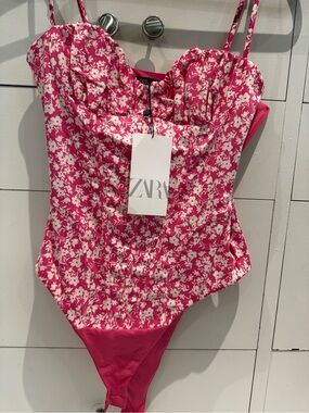 Zara Hot Pink & White Floral One-Piece Bodysuit